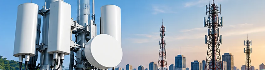 Telecom antennas and communication towers over a city skyline