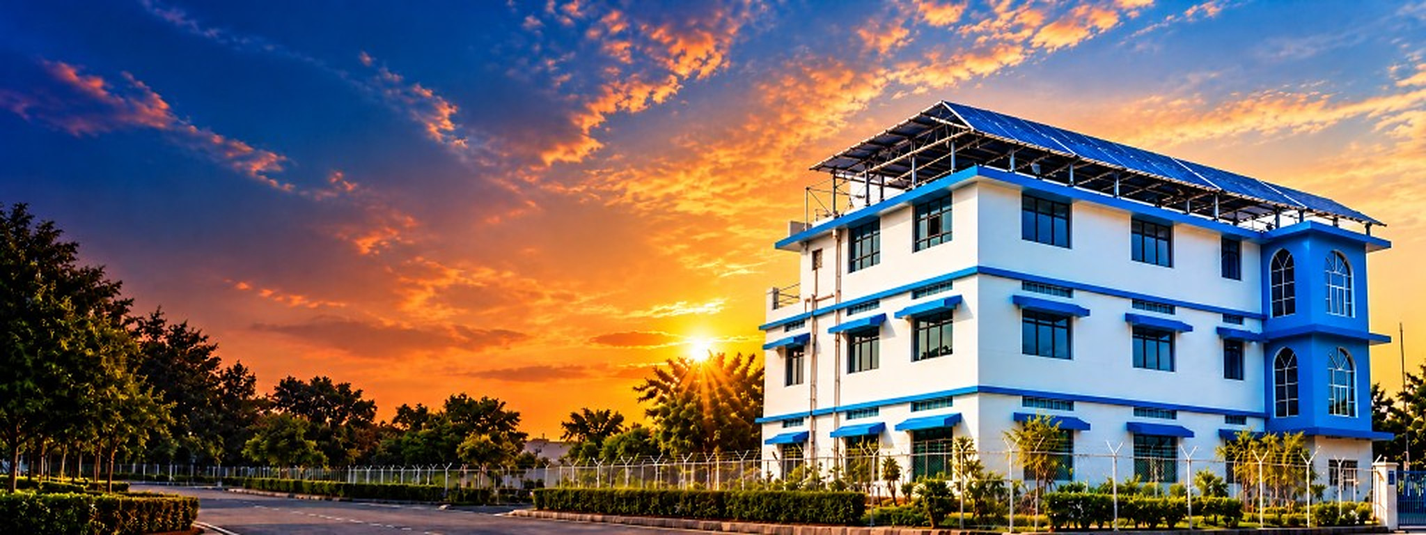 ATC Industries solar-powered office building at sunset