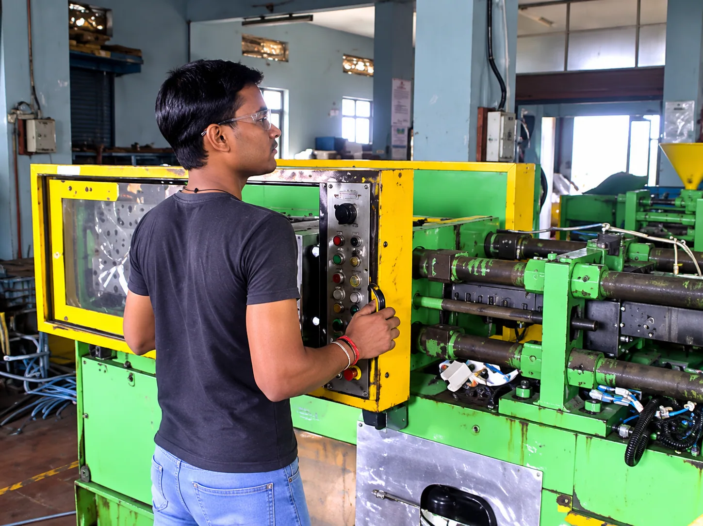 Operator at an injection molding press