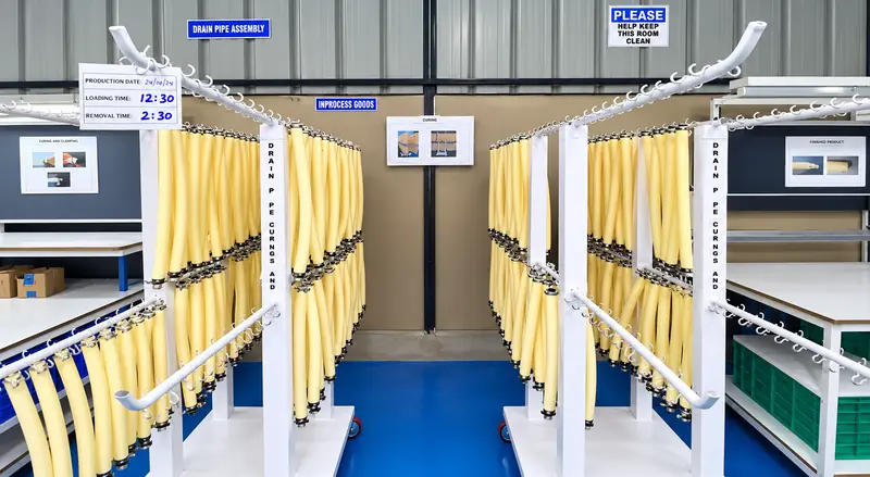 Split air-conditioner indoor drain pipe assemblies on a production stand