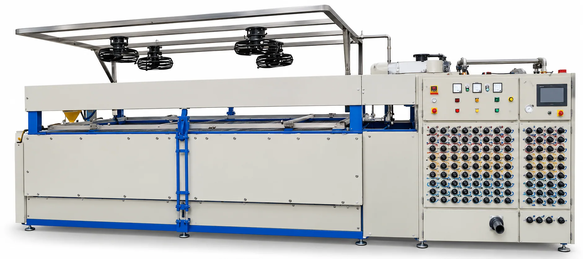 Thermoforming line with overhead heater bank and control panel